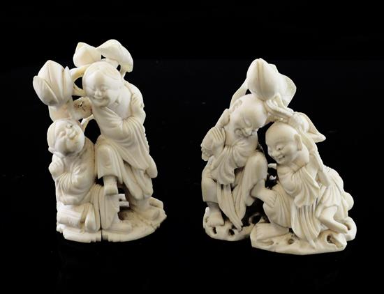 Two Chinese ivory groups, late 19th / early 20th century, 7.8cm and 8cm